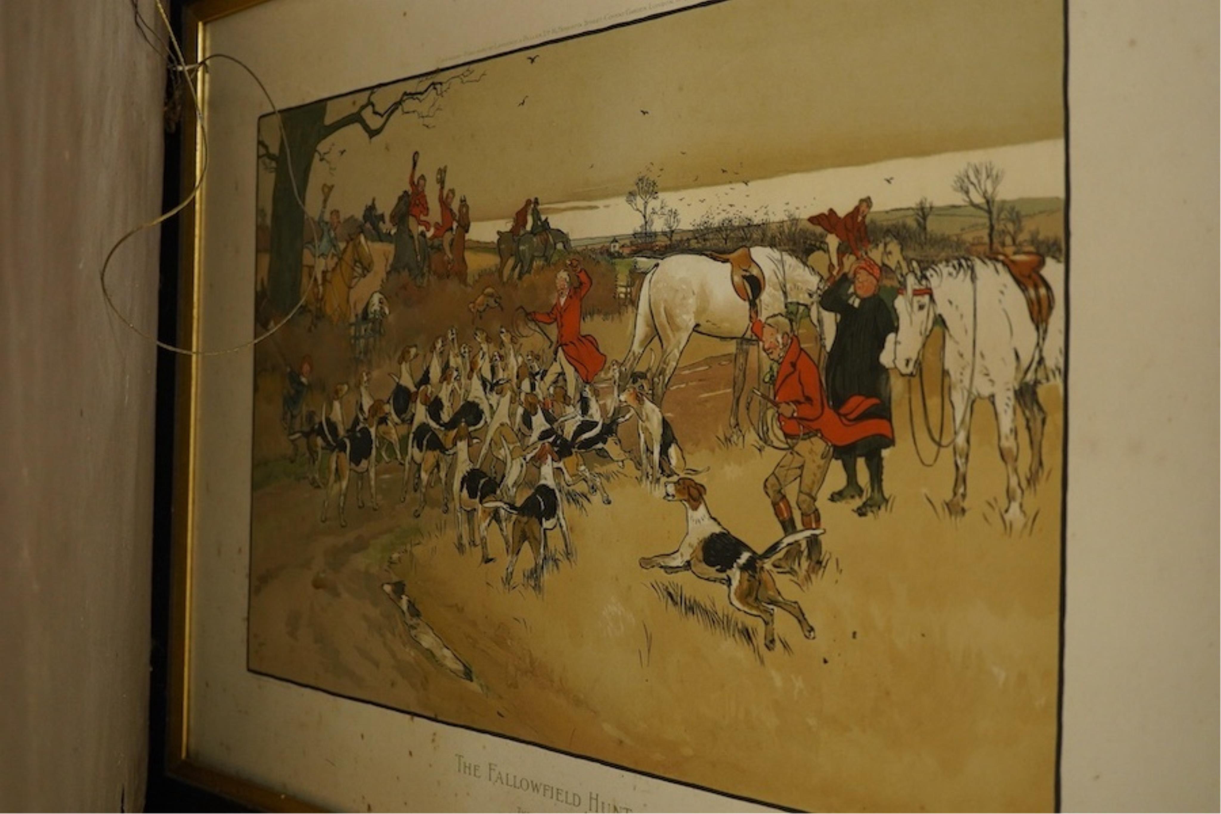 After Cecil Aldin (1870-1935), ‘The Fallowfield Hunt’ to include 'A Check', 'The Hunt Supper' and 'Breaking cover, set of six lithographs, published Lawrence & Bullen, London, unsigned, 53 x 77cm, framed